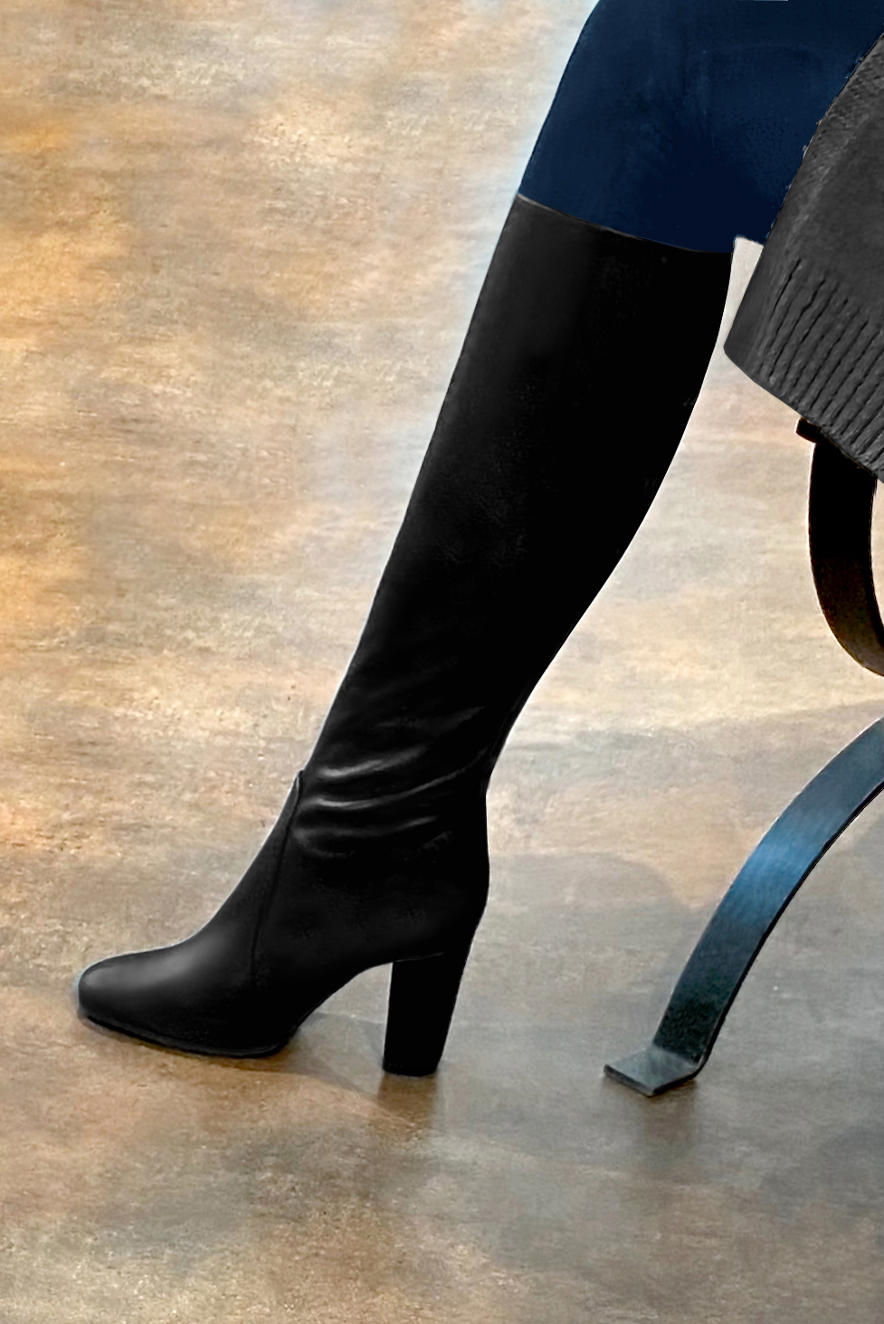 Satin black women's feminine knee-high boots. Round toe. High block heels. Made to measure. Worn view - Florence KOOIJMAN